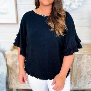 Umgee Black Layered Bell Sleeve Top Frayed Hem Linen Blend NWT Size Small